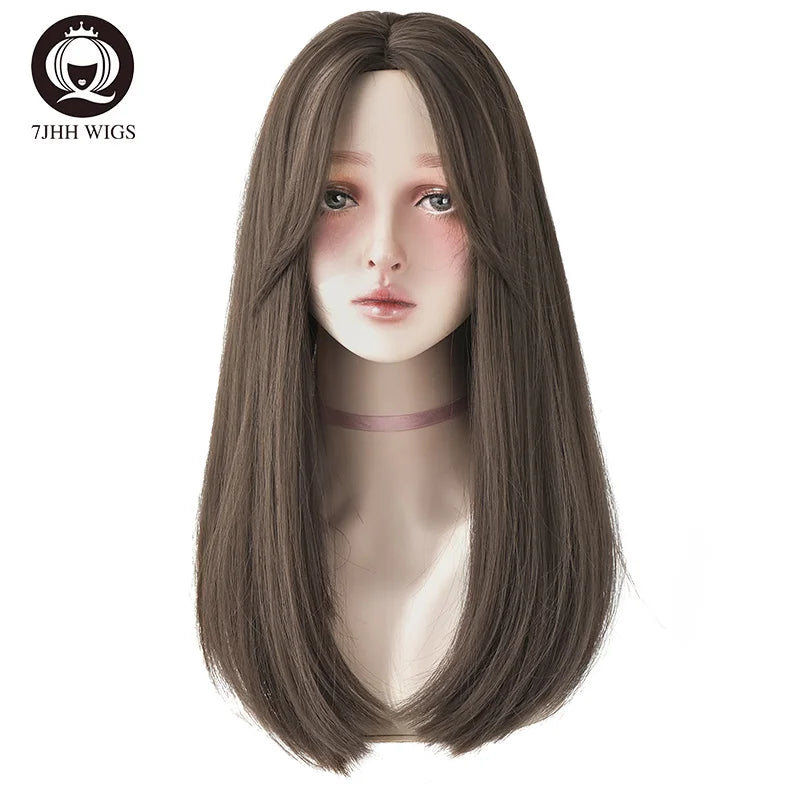 7JHHWIGS Long Wavy Synthetic Black Wigs For Women With Fringe Fashion Heat Resistant Mid-Length Daily Straight Light Brown Hair Good Vibrations