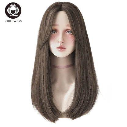 7JHHWIGS Long Wavy Synthetic Black Wigs For Women With Fringe Fashion Heat Resistant Mid-Length Daily Straight Light Brown Hair Good Vibrations