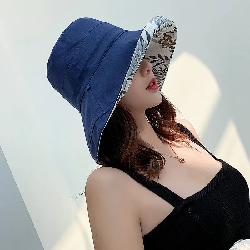 Women Bucket Hat, Elegant Flower Print Wide Brim Sun Visor Hat Lightweight Summer Panama Cap Good Vibrations