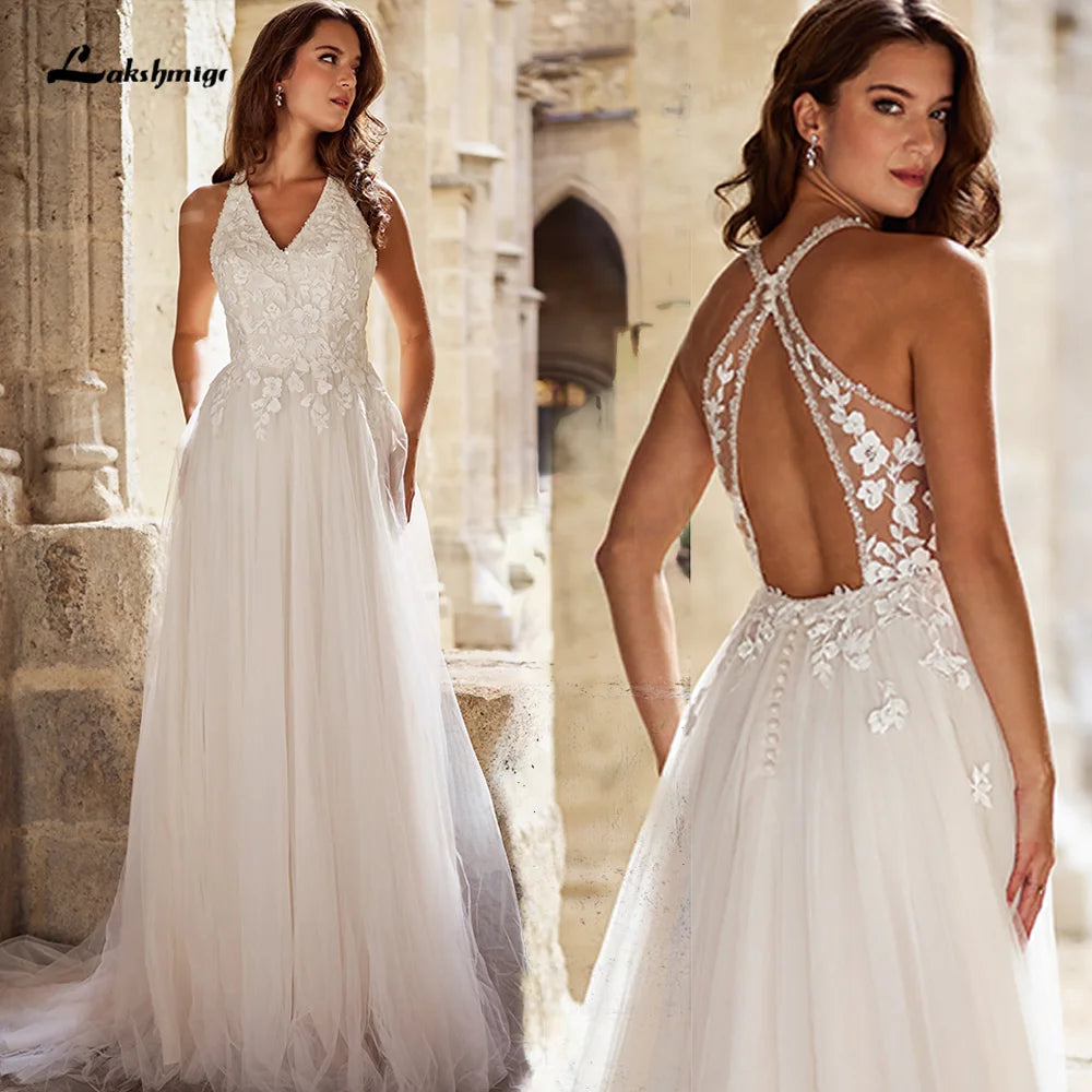 Romantic Lace Halter Boho Wedding Dress V-Neck Sheer Back Tulle A-Line Bridal Gown Illusion Back Wedding Gown Customized Good Vibrations