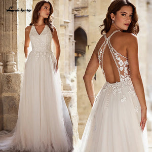 Romantic Lace Halter Boho Wedding Dress V-Neck Sheer Back Tulle A-Line Bridal Gown Illusion Back Wedding Gown Customized Good Vibrations