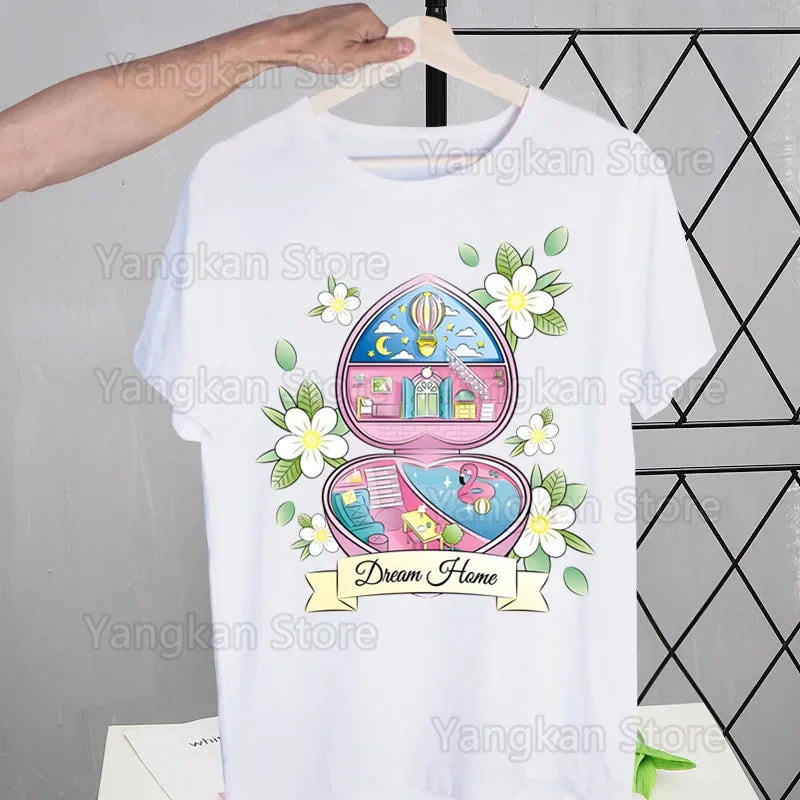 Polly Pocket Print T-Shirt Casual Crew Neck Short Sleeve T-Shirt Women's Clothing Good Vibrations