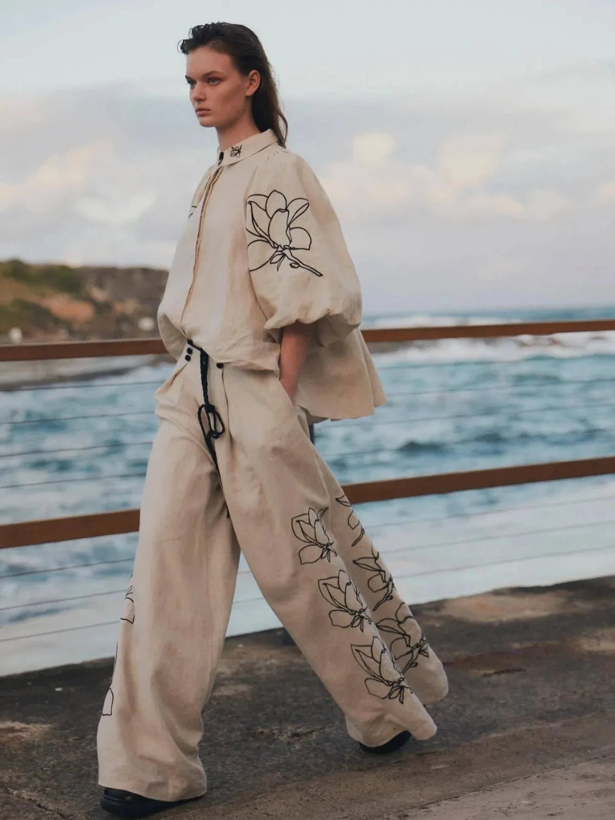 Women Lounge Sets Cotton Linen Stand Collar Lantern Sleeve Loose Flower Tops Wide Leg Oversize Pants Suit Casual Women Outfits Good Vibrations