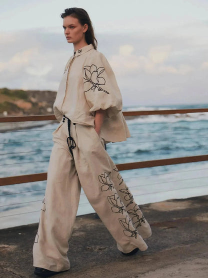 Women Lounge Sets Cotton Linen Stand Collar Lantern Sleeve Loose Flower Tops Wide Leg Oversize Pants Suit Casual Women Outfits Good Vibrations