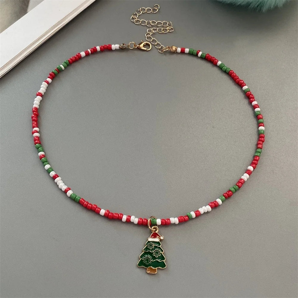 Christmas Necklaces for Women Girls Handmade Rice Beads X'mas Tree Santa Claus Snowman Gift Necklace Pendant New Year Jewelry Good Vibrations