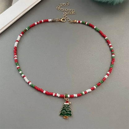 Christmas Necklaces for Women Girls Handmade Rice Beads X'mas Tree Santa Claus Snowman Gift Necklace Pendant New Year Jewelry Good Vibrations