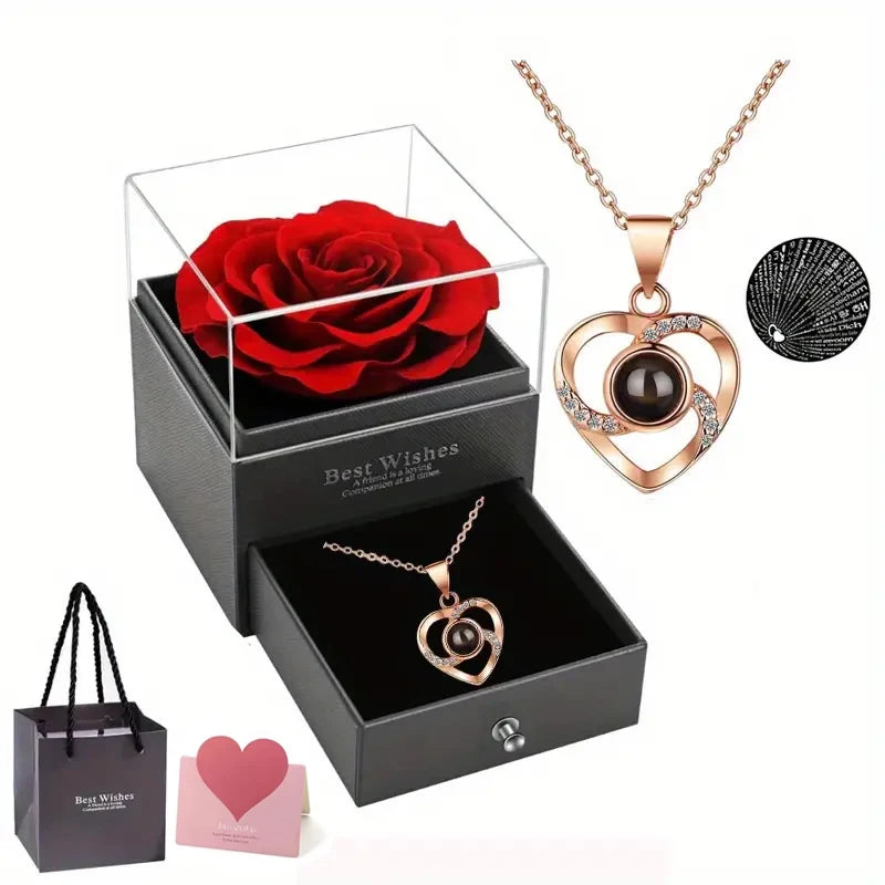 1 Set Artificial Flower Gift Box with I Love You Necklace - Christmas, Valentines Day, Mothers Day,  Anniversary, Birthday Gifts Good Vibrations