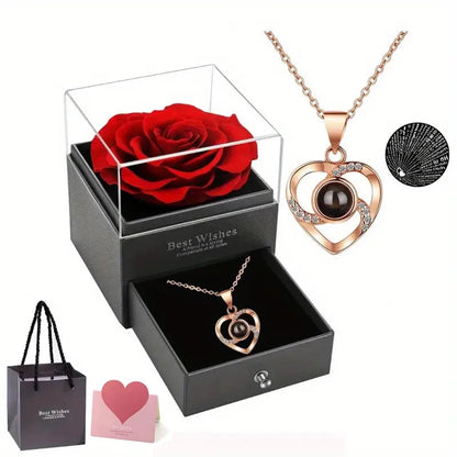 1 Set Artificial Flower Gift Box with I Love You Necklace - Christmas, Valentines Day, Mothers Day,  Anniversary, Birthday Gifts Good Vibrations