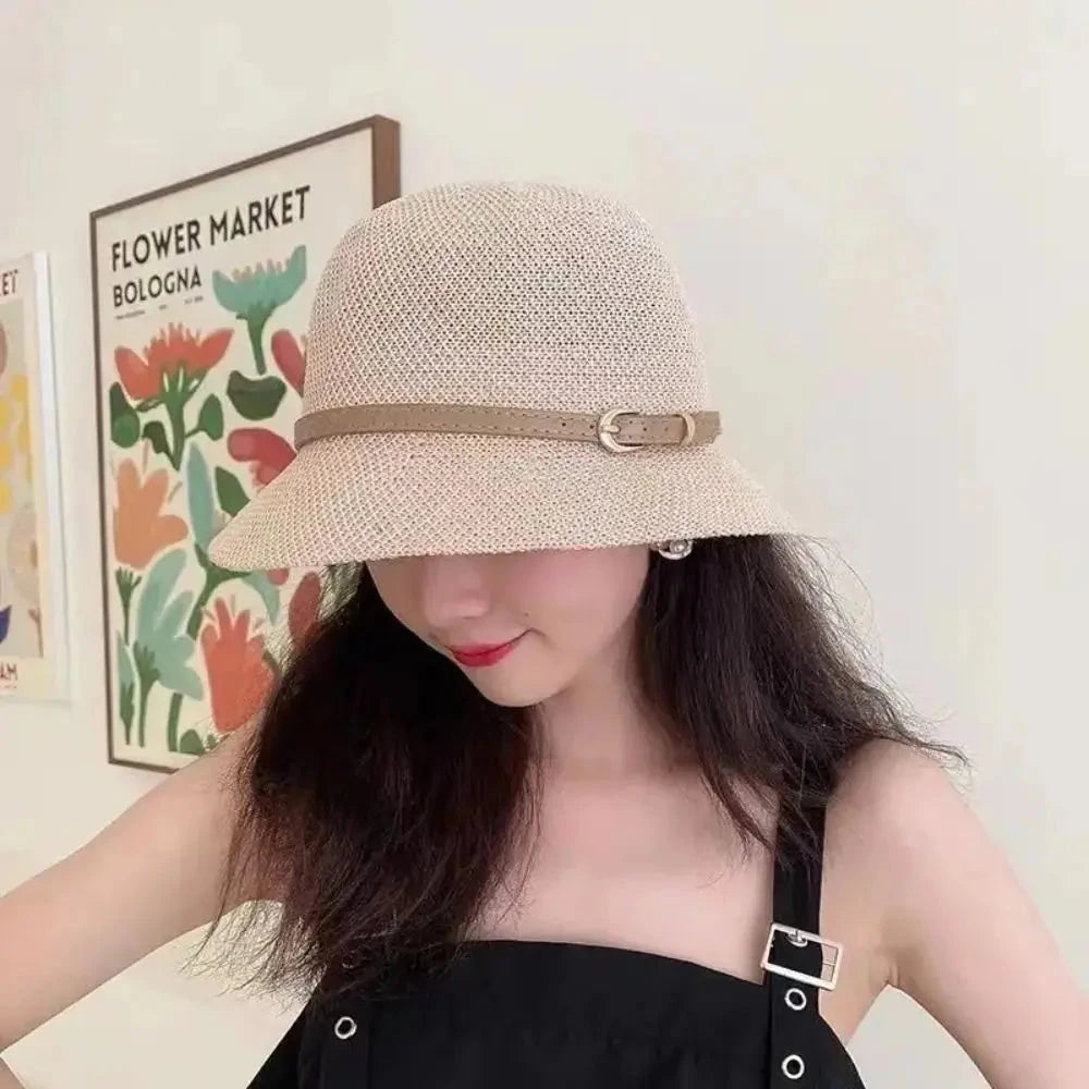 Floppy Wide Brim Sun Hat Summer Sun Protection Casual Caps Leather Buckle Fisherman Hats Women Outdoor Holiday Beach Straw Cap Good Vibrations