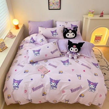 Sanrio 100% Cotton Bedding Set Cute Hello Kitty Kuromi Melody King Queen Pillowcase Bed Linens Girl Dorm Bedclothes Home Textile Good Vibrations