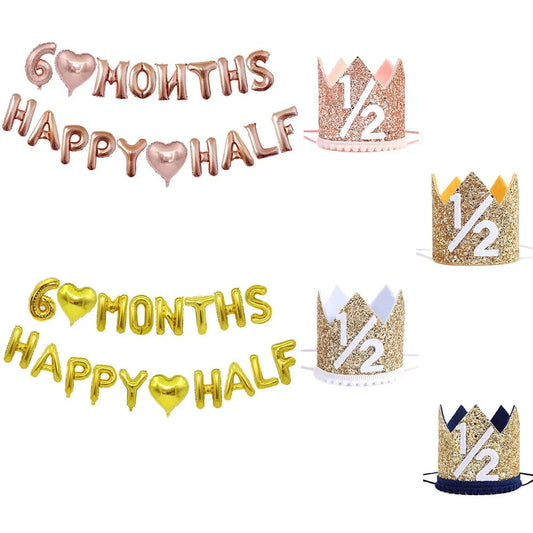 6 Months Happy Half Year Foil Balloons Banner 1/2 Birthday Hat Cap Crown for Baby Shower Boy Girl Birthday Party Decoration Good Vibrations