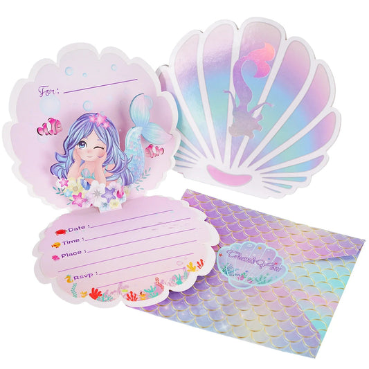 Mermaid Birthday Invitations Girls,3D Pearlescent Invitations Mermaid Party Supplies for Under the Sea Ocean Party Decorations Good Vibrations