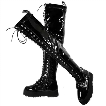 Thigh High Platform Pumps US 12 Shoes Women Plus Size 50 49 Black Patent Leather Over The Knee High Boots Big Size 48 47 Shoes Good Vibrations