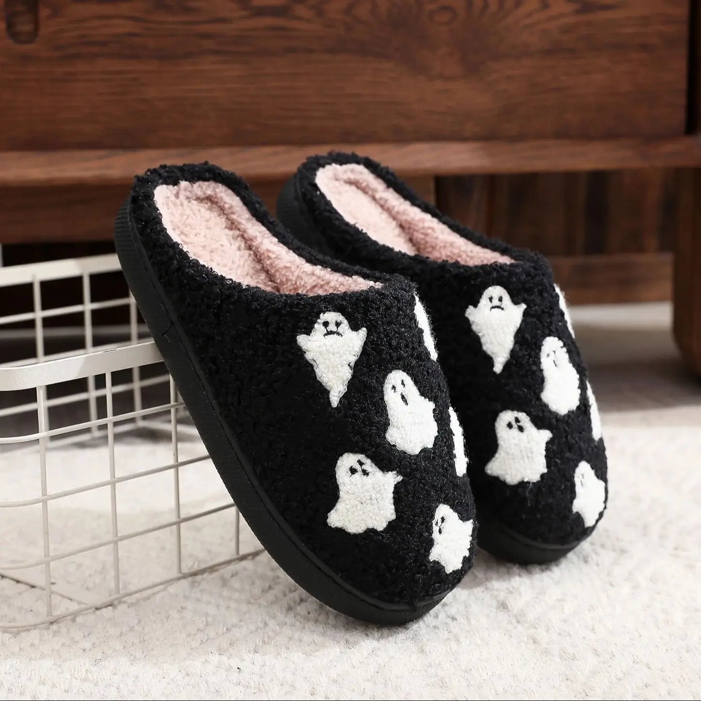 Halloween Ghost Pattern Black Cotton Slippers Non-slip Thick Sole Lightweight stuffed Slippers Holiday Gift Good Vibrations