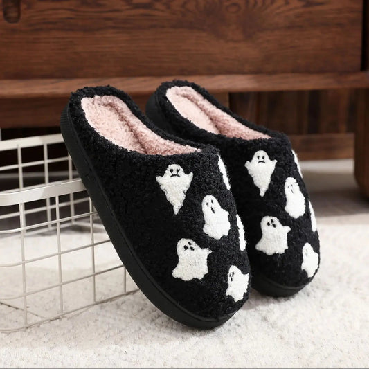 Halloween Ghost Pattern Black Cotton Slippers Non-slip Thick Sole Lightweight stuffed Slippers Holiday Gift Good Vibrations