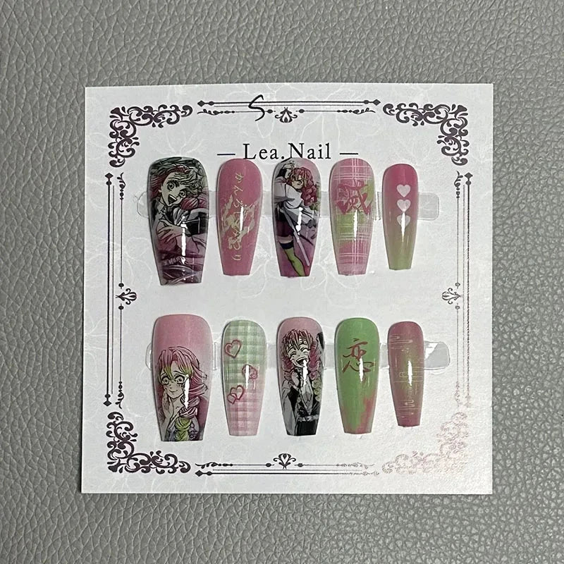 Lea.Nail Anime-Inspired Press-On Nails: Pink & Green Gradient Art with Hearts, Floral & Anime Designs | Cosplay-Ready 3D Accents Good Vibrations