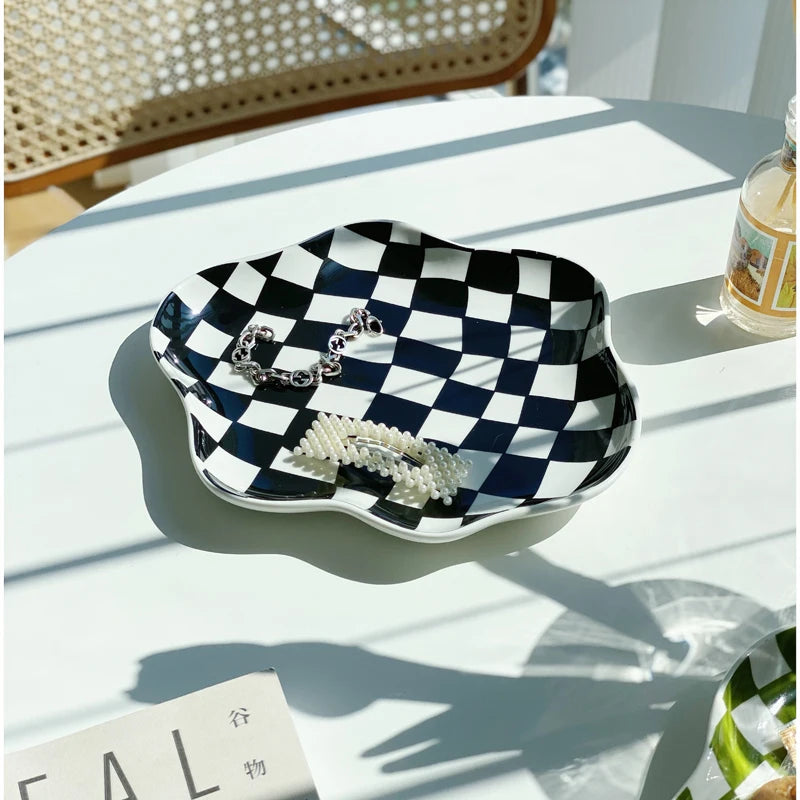European Chessboard Ceramic Plate Black and White Checkered Irregular Tableware Dinner Plate Dinner Set Plates and Dishes Good Vibrations