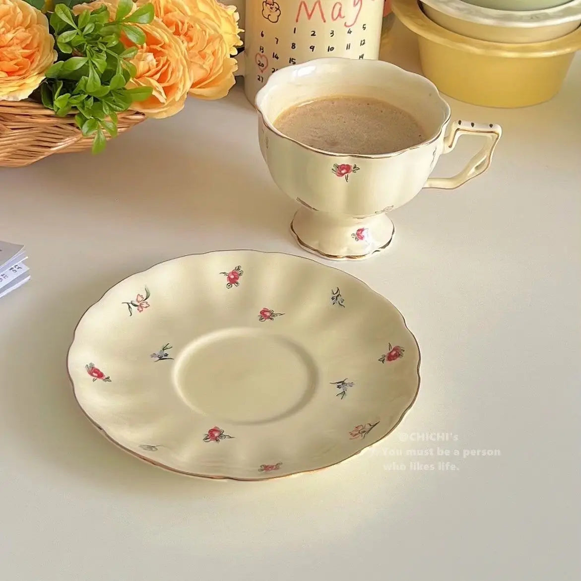 Ceramic Tea Cups Plate Set  Exquisite Afternoon Tea Coffee Cup Cream Color High Beauty Household Mug Birthday Gift 250ml Good Vibrations