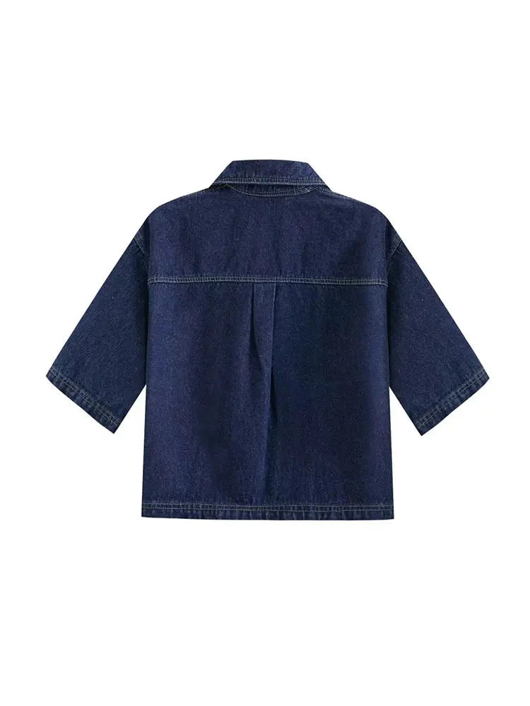 2025 Women's Fashion Flip Pocket Decoration Short Flip Collar Slim fit denim Top + Asymmetric Denim Skirt 2 Piece Set Good Vibrations