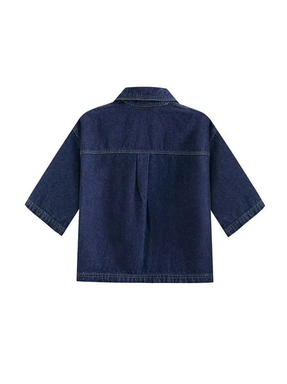 2025 Women's Fashion Flip Pocket Decoration Short Flip Collar Slim fit denim Top + Asymmetric Denim Skirt 2 Piece Set Good Vibrations