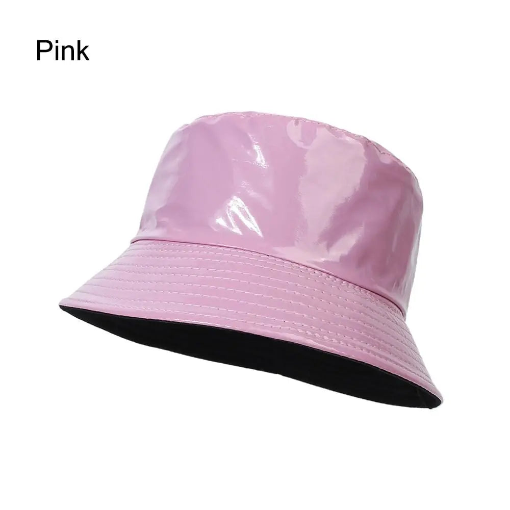 Faux Leather Bucket Hat Women Reversible PU Leather Sun Hat Fashion Autumn Waterproof Fisherman Hat Reversible Sun Bucket Hat Good Vibrations