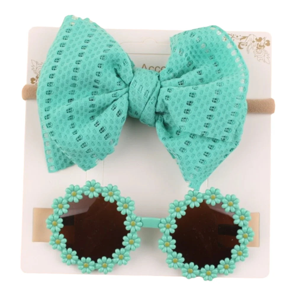 2pcs/set Soft Elastic Children Bowknot Headband Cotton Solid Color Baby Bows Turban Wide Kids Sunglasses Set Girls Headdress Good Vibrations