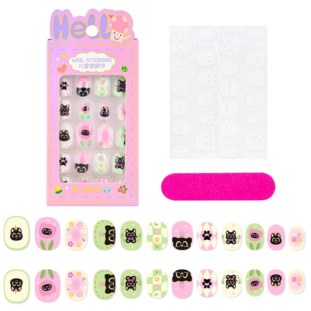 24Pcs/box Kids nails for Girl Cartoon Pattern False Nail Cute Child Fake Nails Tips Kawaii Acrylic Artificial Press on Nail+Tool Good Vibrations
