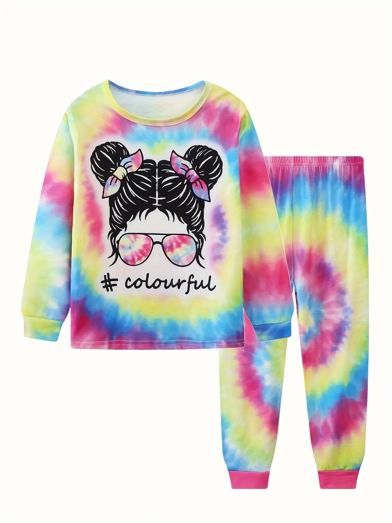 2pcs Girls Casual Cartoon Unicorn Print Crew Neck Pink Cotton Pajama Sets Good Vibrations
