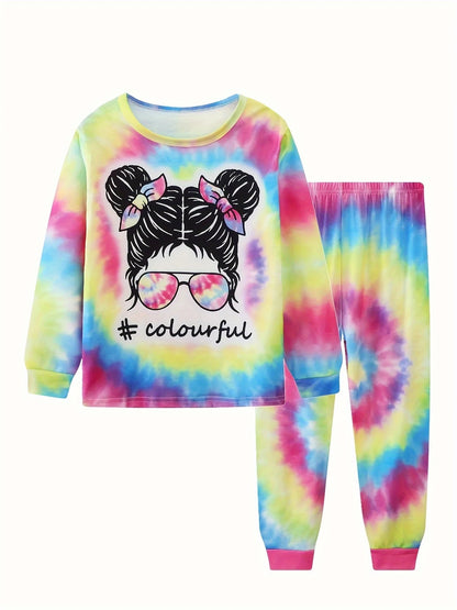 2pcs Girls Casual Cartoon Unicorn Print Crew Neck Pink Cotton Pajama Sets Good Vibrations