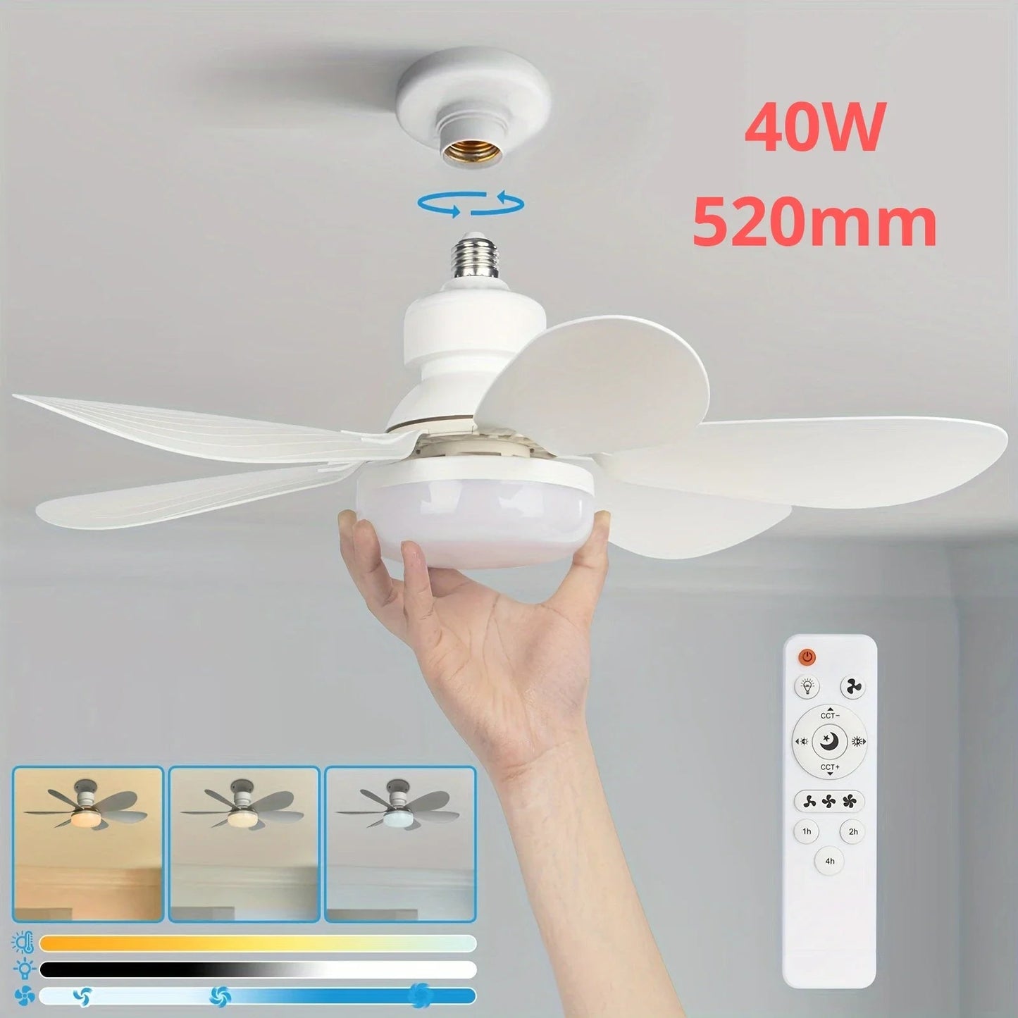 Socket Fan Light With Remote 20.5in Small Ceiling Fan With LED E26 27 Cordless Light Screw Fan For Kitchen Bedroom Small Room Good Vibrations
