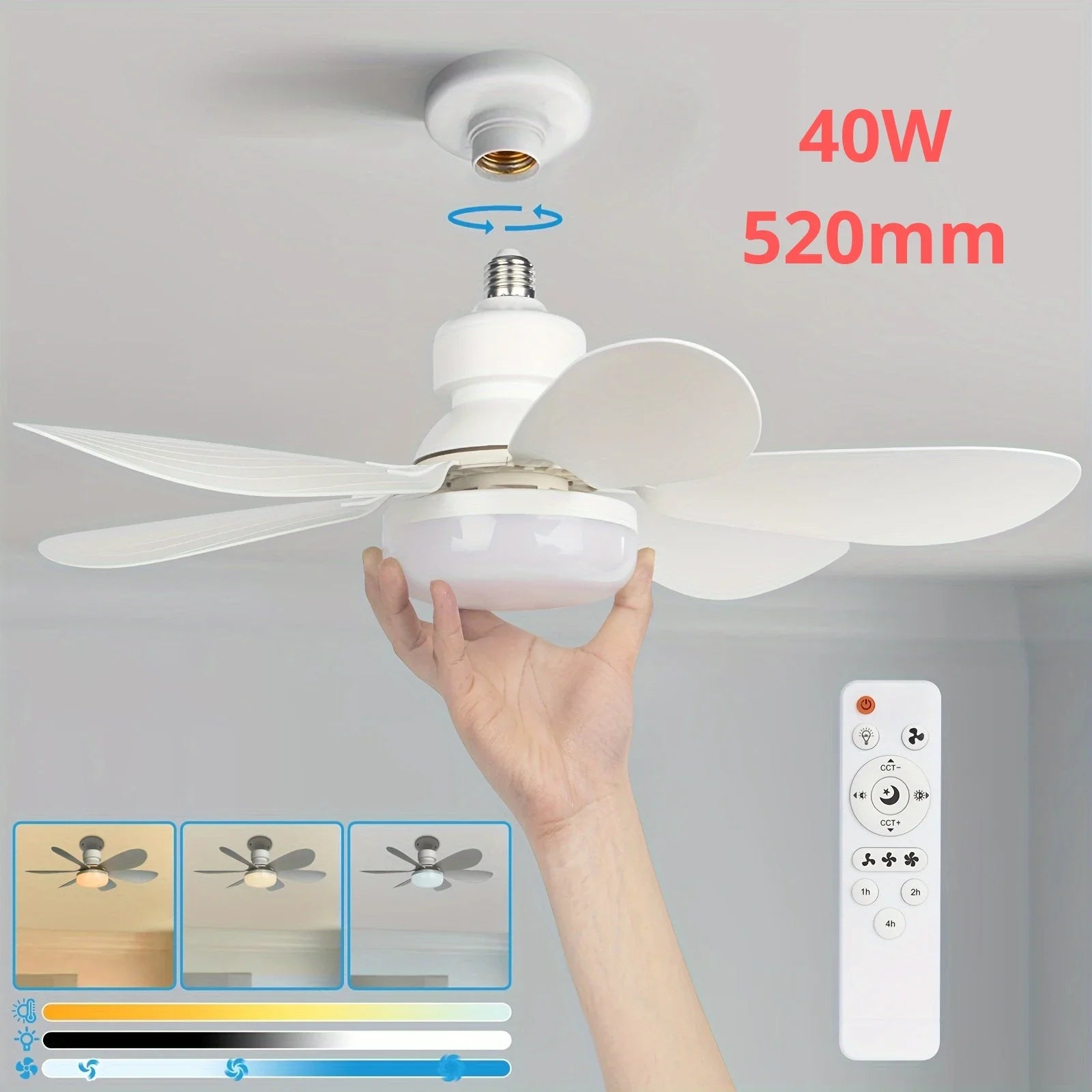 Socket Fan Light With Remote 20.5in Small Ceiling Fan With LED E26 27 Cordless Light Screw Fan For Kitchen Bedroom Small Room Good Vibrations