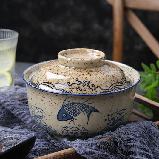 6.5inch Japanese Style Ramen Bowl With Lid Ceramic Instant Noodle Bowl For Soup Rice Noodle And Porridge Kitchen Tableware Good Vibrations