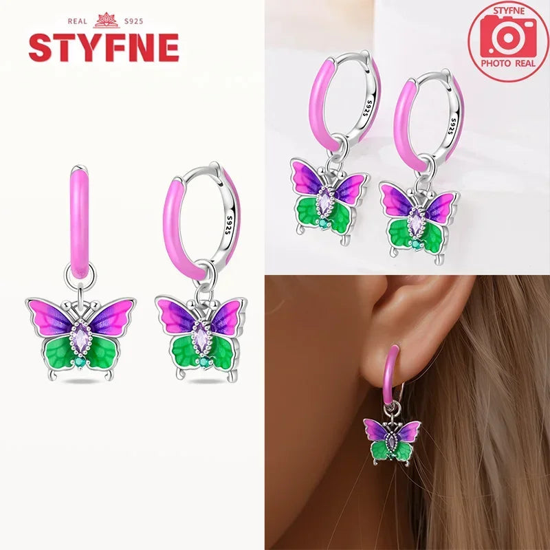 925 Silver Spring Flowers Earrings Colorful Purple Dopamine Butterfly Bee Sweet Romantic Hoop Earrings for Women Party Fine Gift Good Vibrations