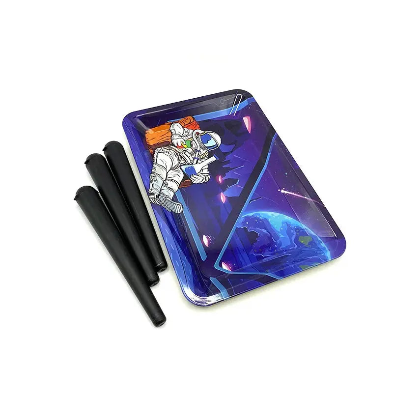 Metal rolling tray 18x12.5cm with space design and black tubes combo.