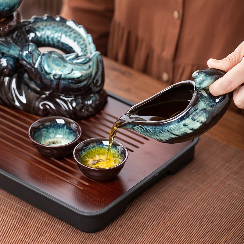 Coiling Dragon Ceramic Teapot Set - Rotating Spout Lazy Brewer , Effortless Pouring, Premium Tea Ritual Collection Good Vibrations