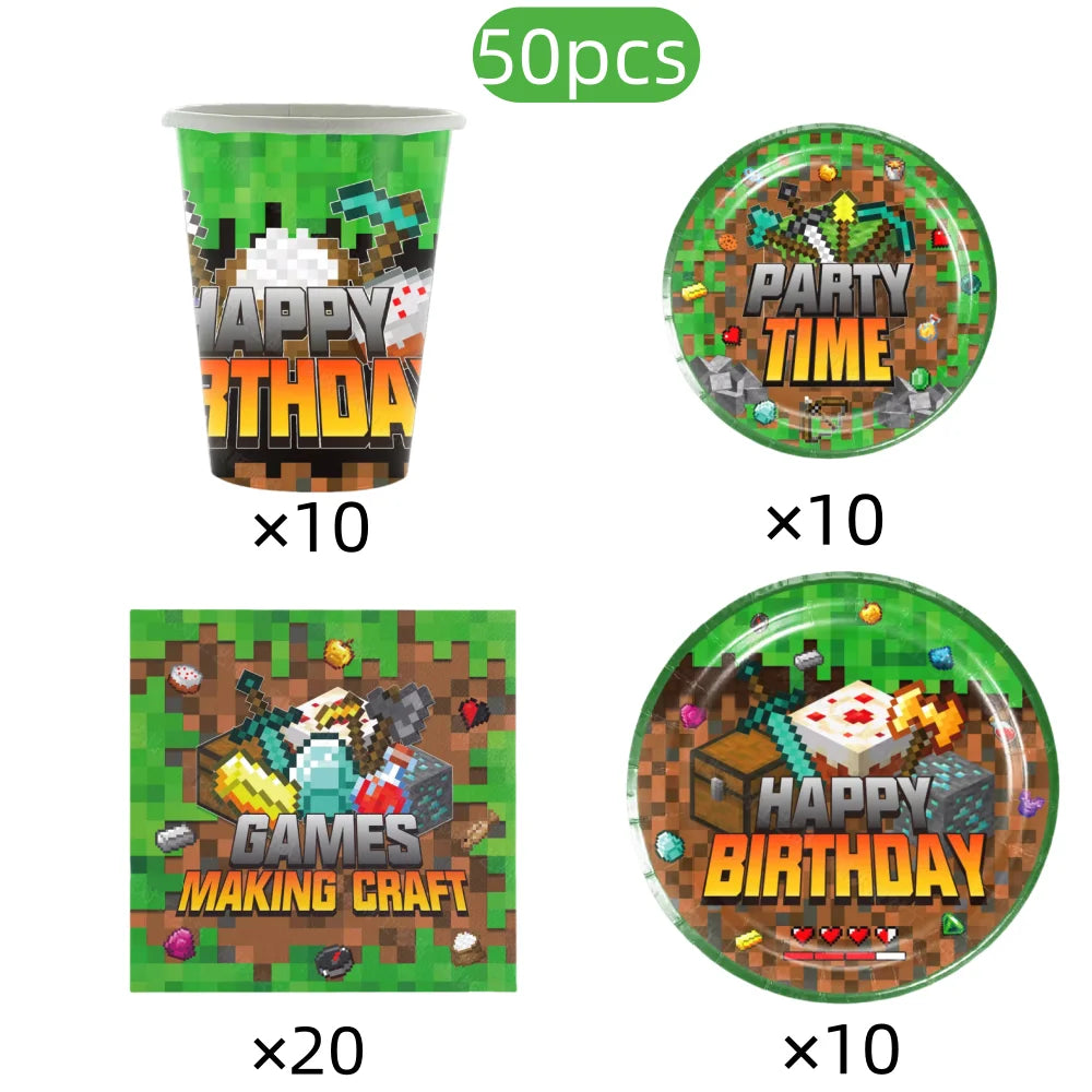 Mineres Craftings Party Decorations World Game Tableware Cup Plate Balloon Tablecloth Boys Birthday Party Supplies Kids Gift Good Vibrations
