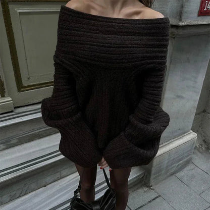 Trendix Long Sleeve Knit Sweater Women Autumn Winter Oversized Off Shoulder Pullover Street Fashion Vintage Loose Knitted Tops Good Vibrations
