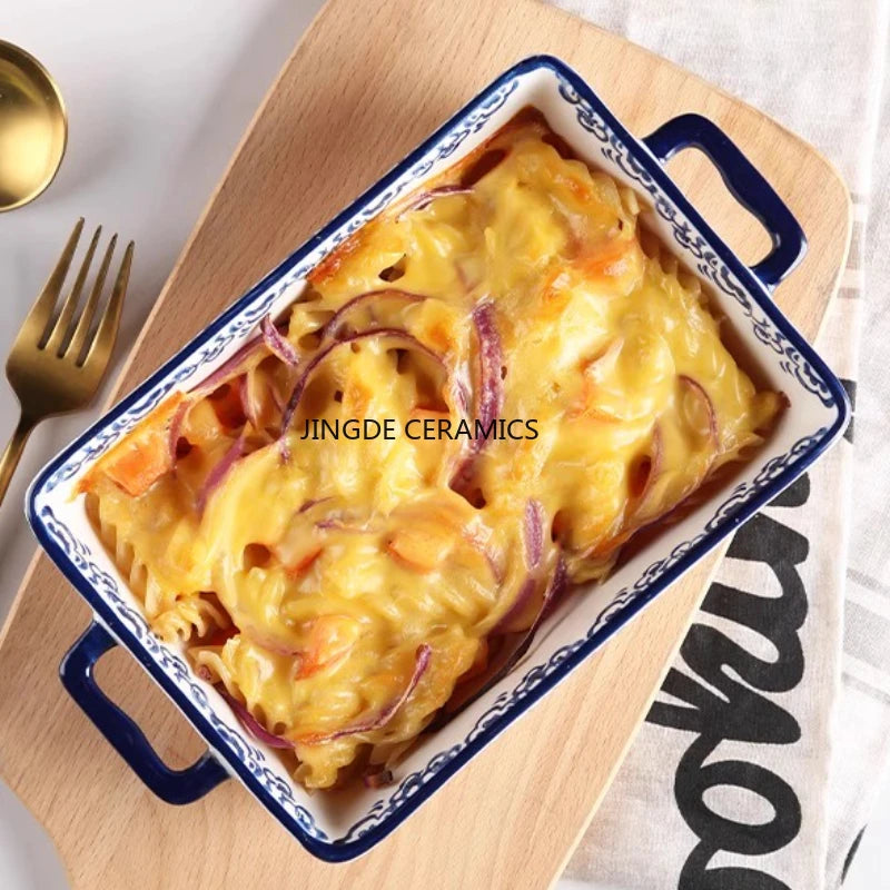 Rectangular/elliptical Double Ear Plate Cheese Baked Rice Tray Ceramic Baking Tray Oven Household Large Square Plate Tableware Good Vibrations