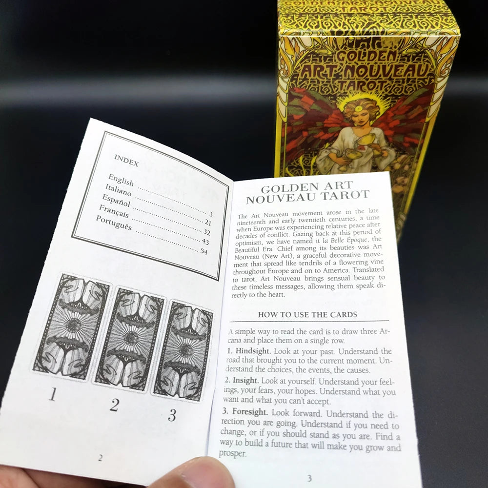 12x7cm Golden Art Nouveau Divination Tarot Cards.tarot Cards for Beginners .English, Spanish, French, Italian and Portuguese. Good Vibrations
