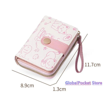 Cute Cat PU Leather Coin Purse Women Fashion Short Wallet Folding Zipper Wallet ID Card Holder Travel Lightweight Cash Coin Bags Good Vibrations