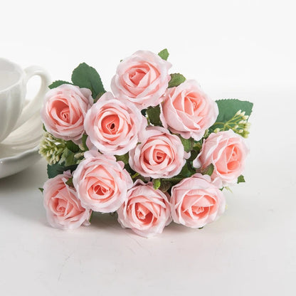 10 Heads Artificial Flowers Scrapbooking Silk Roses Christmas Wedding Party Bouquet Household Products Vases for Home Decoration Good Vibrations