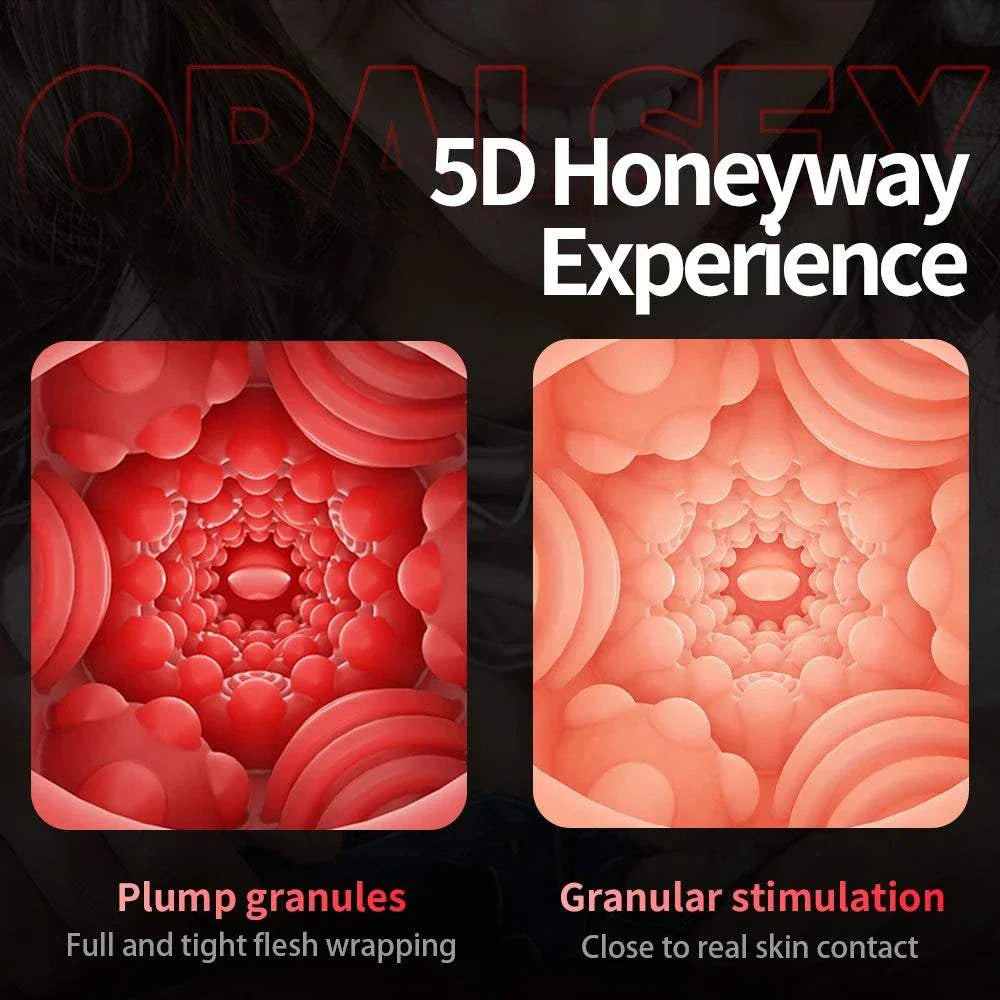 Men's vibrator with 5D honeyway experience for oral sex, featuring plump granules and granular stimulation.