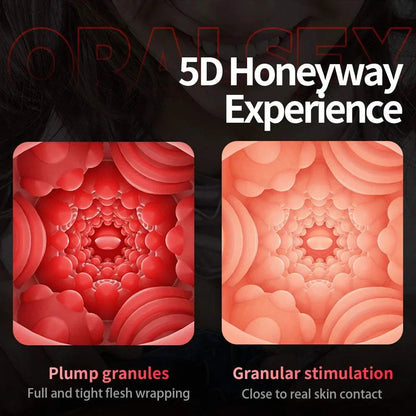 Men's vibrator with 5D honeyway experience for oral sex, featuring plump granules and granular stimulation.