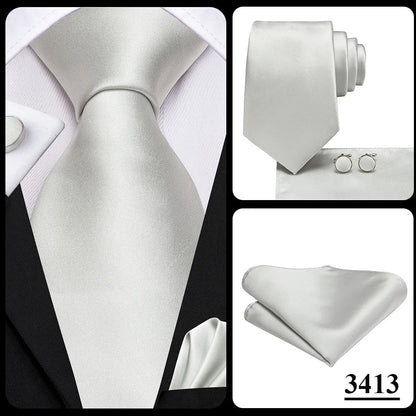 Men's Ties White Sliver Hanky Cufflinks Set Silk Neck ties For Men Wedding Party Business Mens Tie 2022 New Fashion Brand Hi-Tie Good Vibrations