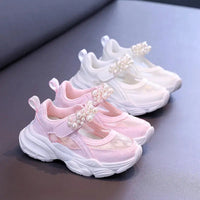 Girls' Mesh Hollowed Tennis Shoes 2024 Summer New Children's Solid Color Pearl Sports Shoes Kids Cute Heart Princess Sneakers Good Vibrations