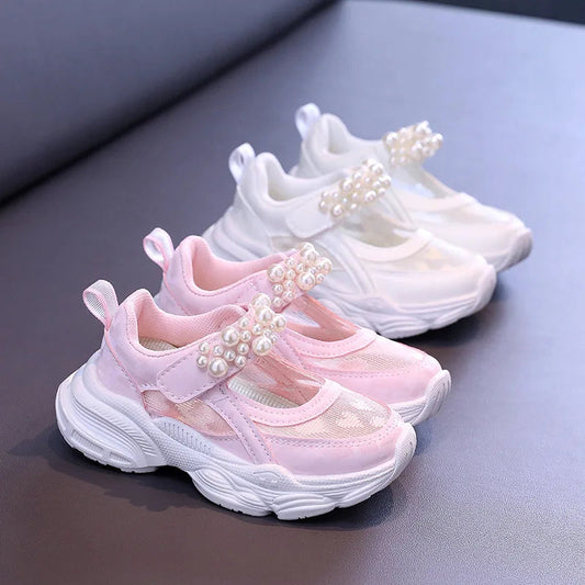 Girls' Mesh Hollowed Tennis Shoes 2024 Summer New Children's Solid Color Pearl Sports Shoes Kids Cute Heart Princess Sneakers Good Vibrations