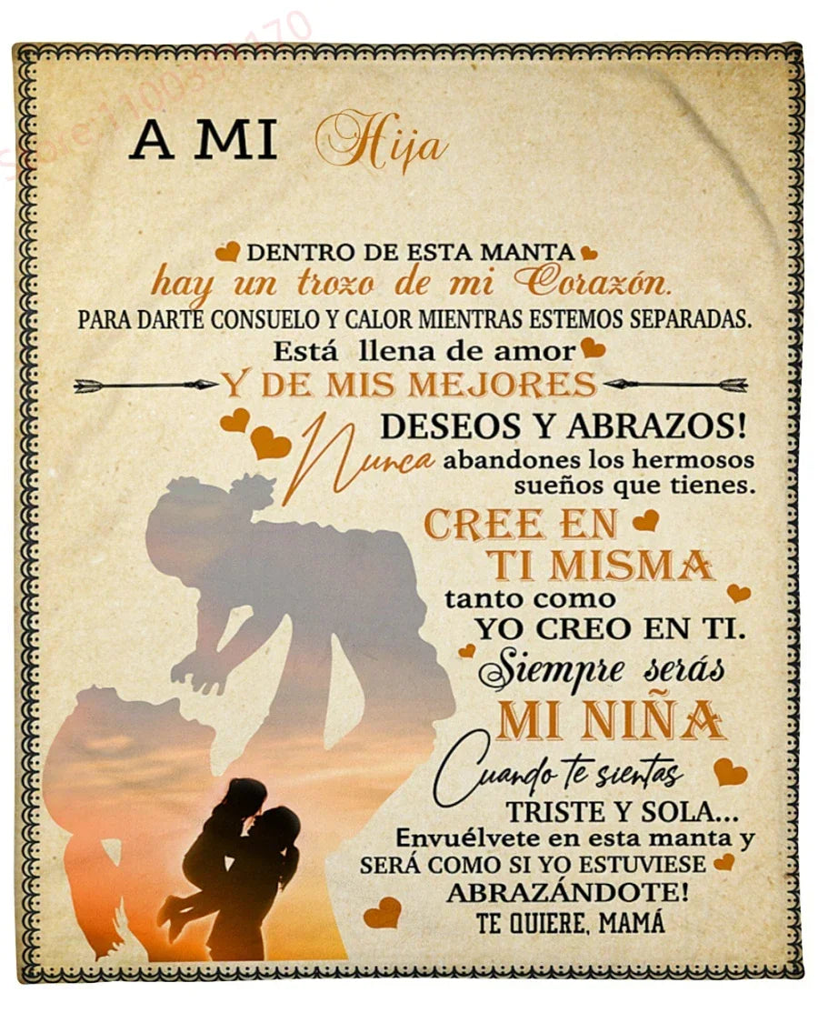 Flannel Blanket-A Mi Hija Letter To My Daughter Express Love Spanish Version Sofa Throw Blanket Thanksgiving Birthday's Day Gift Good Vibrations