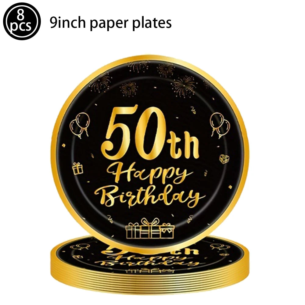 50th Birthday Party Supplies for Men Women Black and Gold 50 Years Old Party Paper Plates Cups Napkin Tablecloth Tableware Decor Good Vibrations