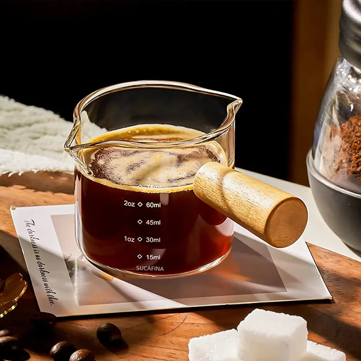 1pc Glass Measuring Cup Wood Handle Glass Espresso Measuring Cup Double Single Mouth Milk Coffee Clear Mug Coffee Supplies Good Vibrations