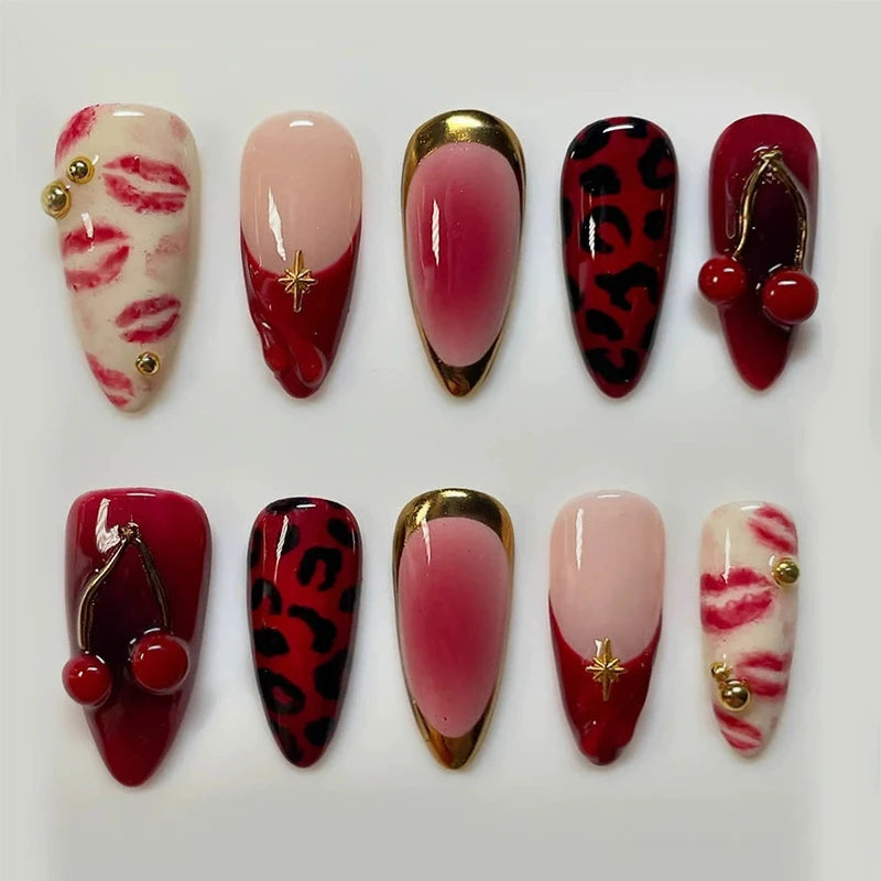 24Pcs False Nails Spicy Girl Silver Bow with Diamond Fake Nails with Glue Almond Press on Nails Black Cool Y2k Almond Nail Set Good Vibrations